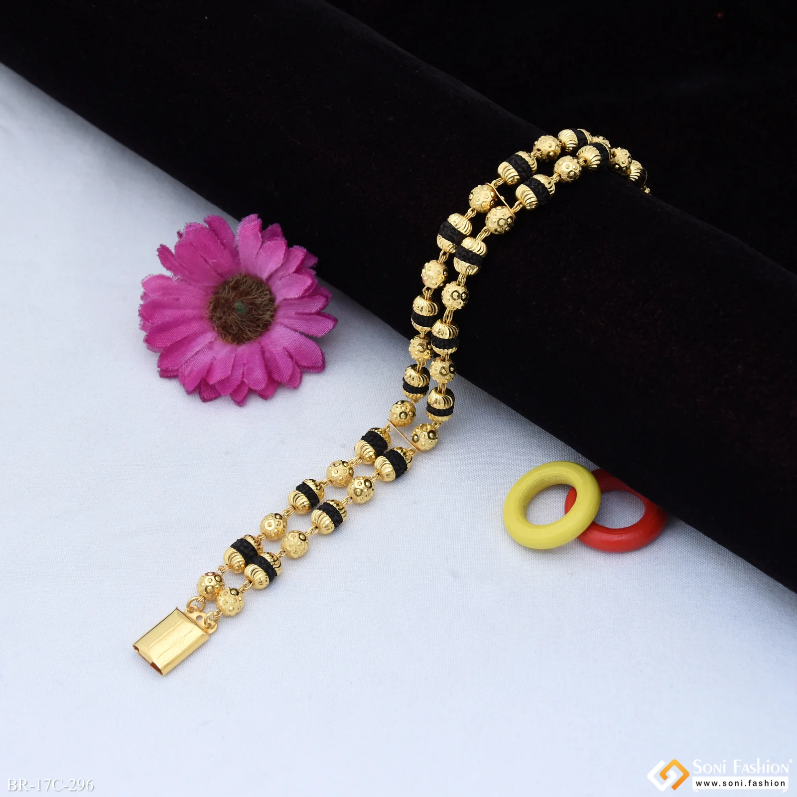 1 Gram Gold Plated 2 Line Delicate Design Rudraksha Bracelet for Men - Style C296 - Image 3