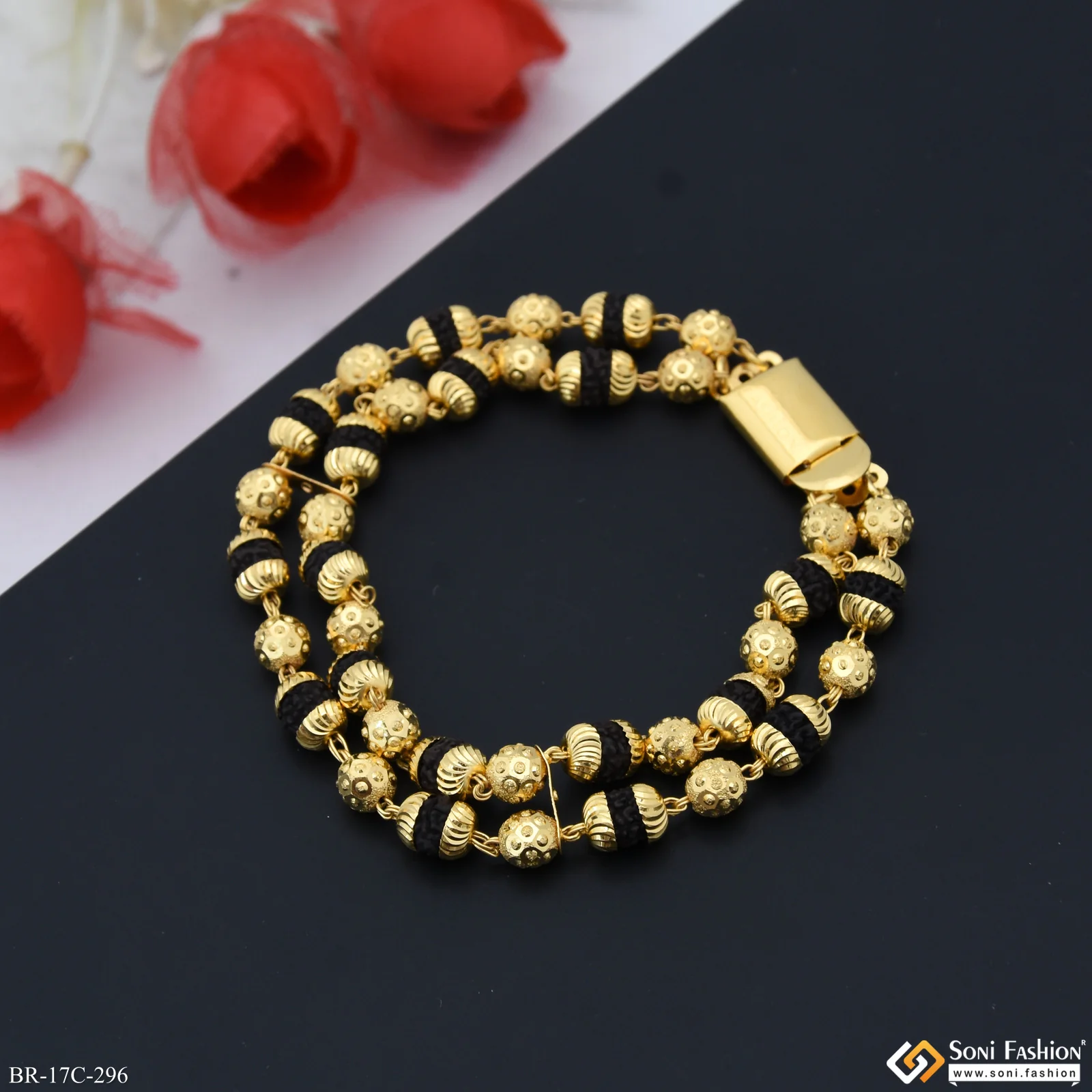 1 Gram Gold Plated 2 Line Delicate Design Rudraksha Bracelet for Men - Style C296 - Image 5