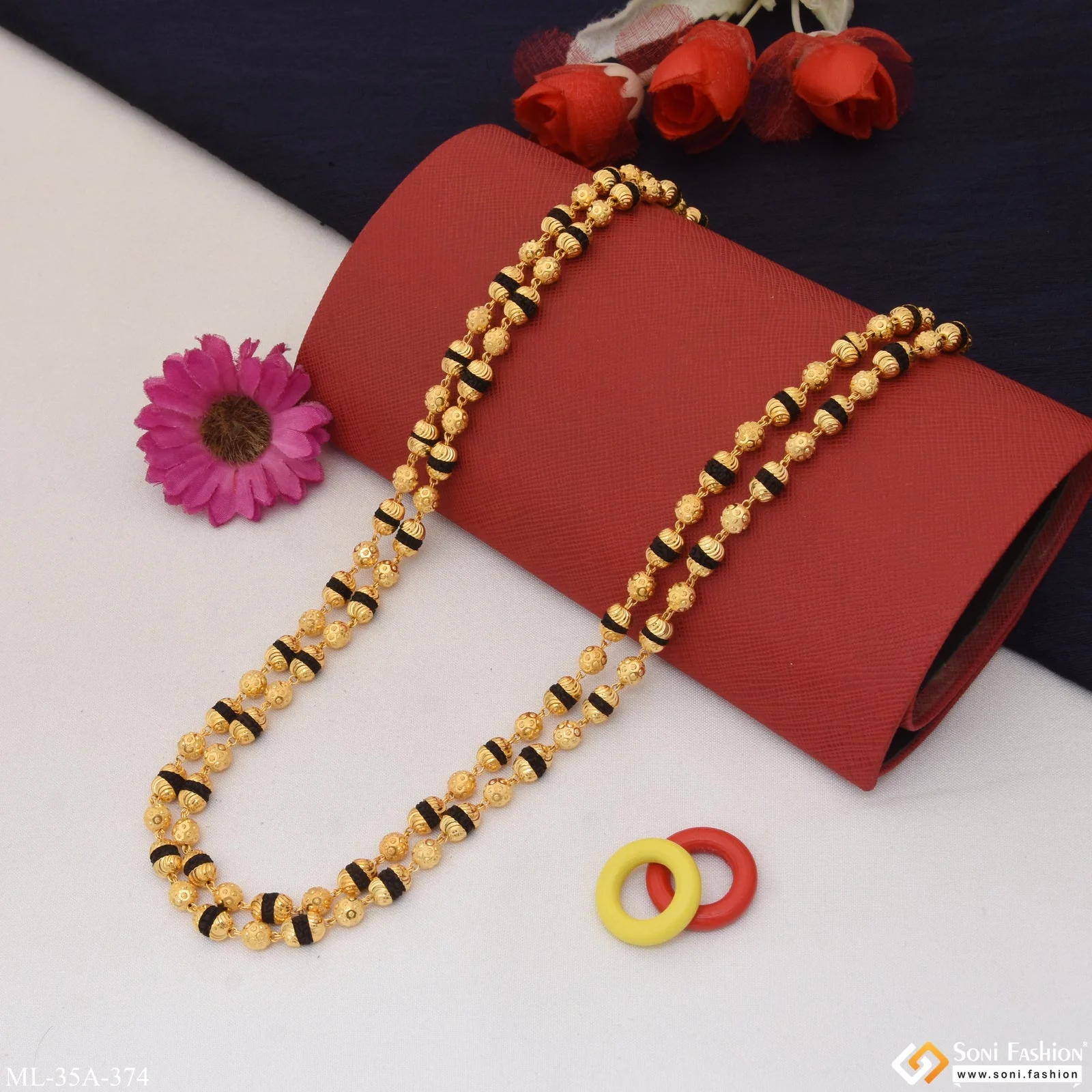 1 Gram Gold Plated 2 Line Funky Design Rudraksha Mala for Men - Style A374 - Image 3