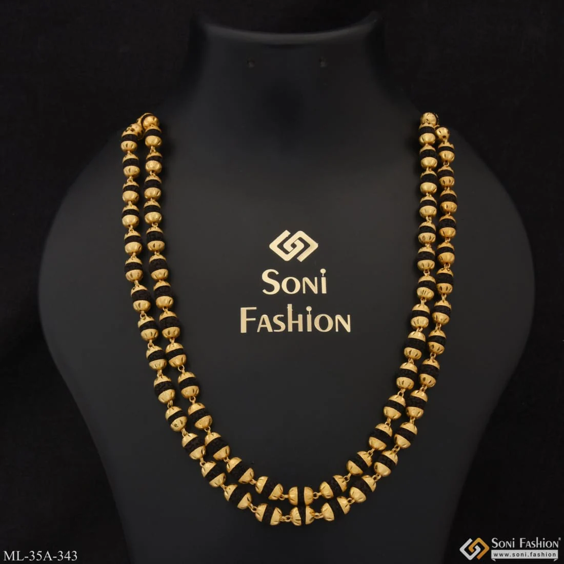 1 Gram Gold Plated 2 Line Glittering Design Rudraksha Mala For Men - Style A343 - Image 3