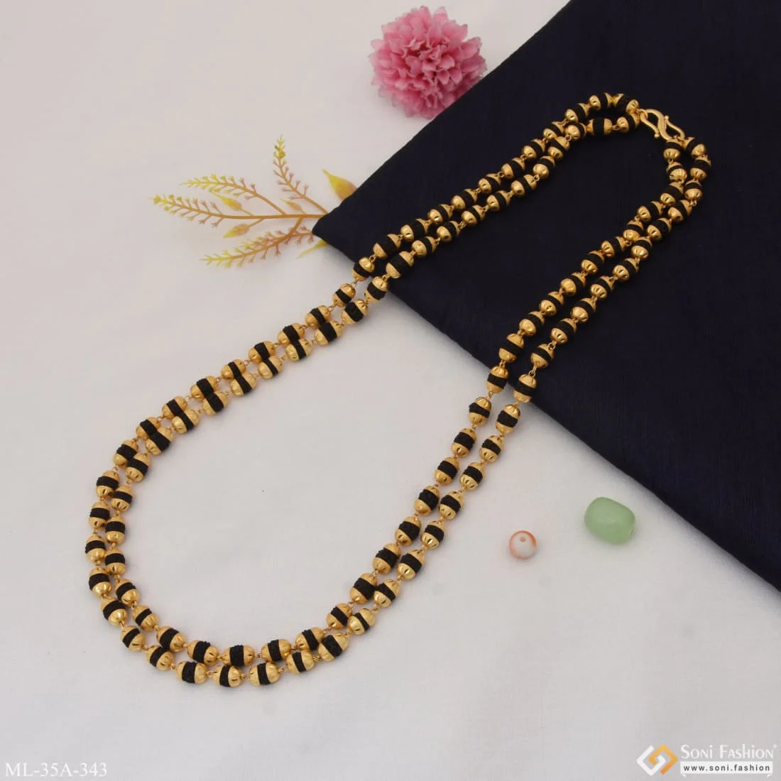 1 Gram Gold Plated 2 Line Glittering Design Rudraksha Mala For Men - Style A343 - Image 4