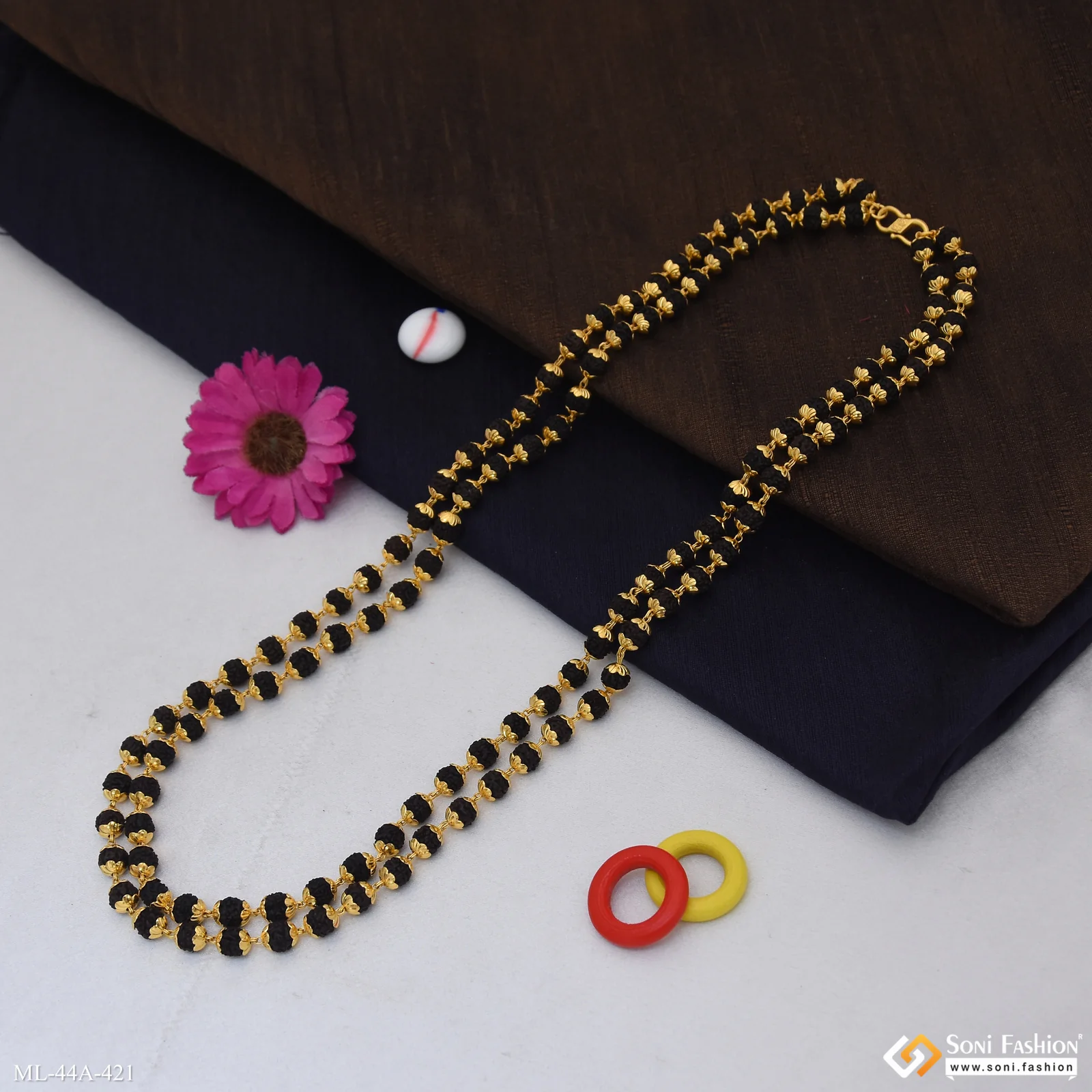 1 Gram Gold Plated 2 Line Rudraksha Mala for Men - Style A421 - Image 3