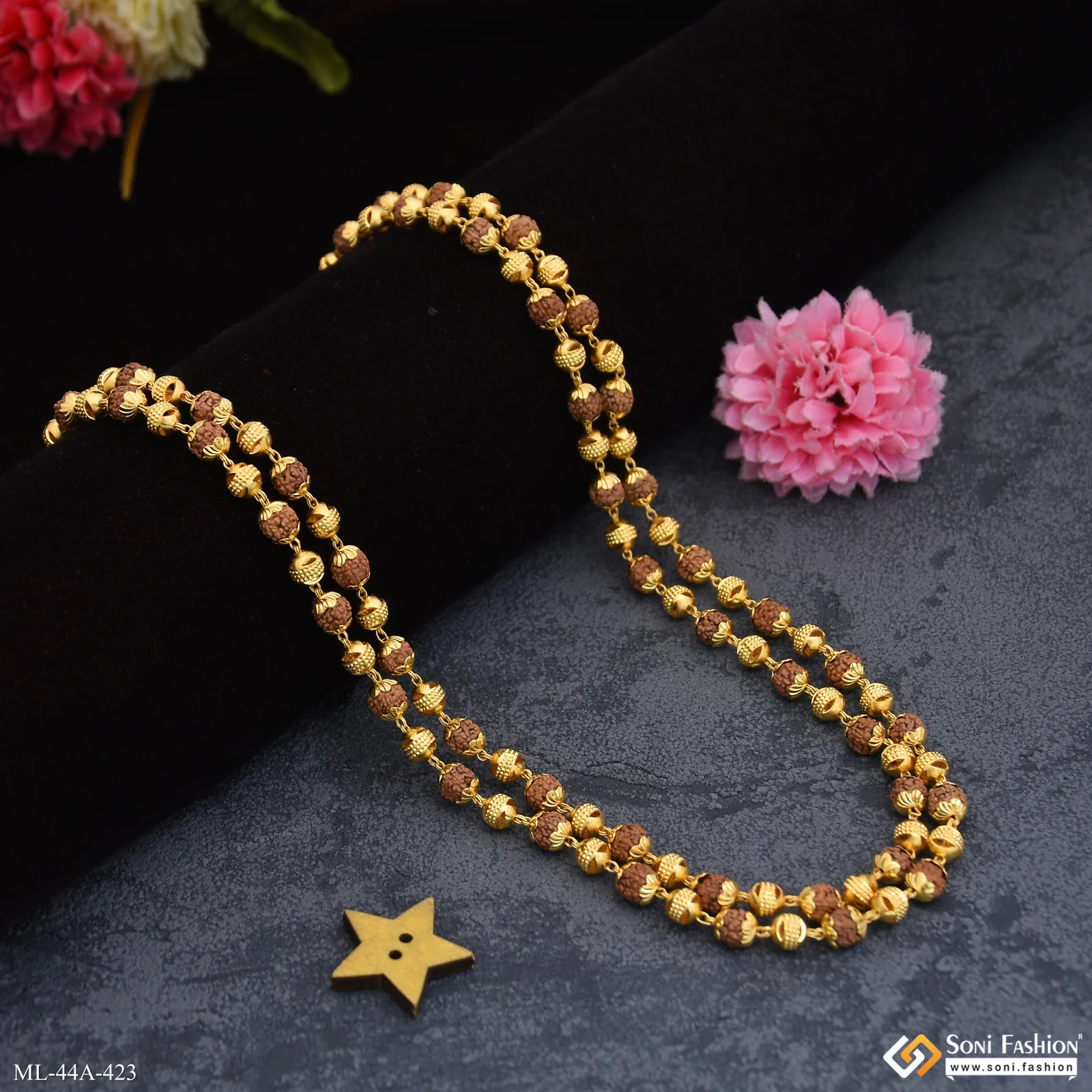 1 Gram Gold Plated 2 Line Rudraksha Mala for Men - Style A423 - Image 3
