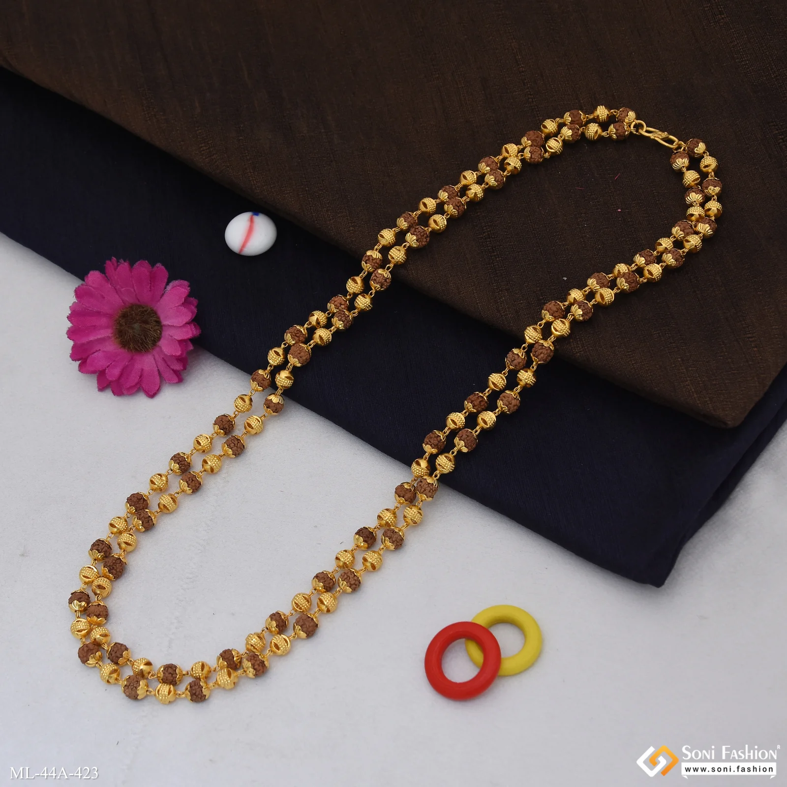1 Gram Gold Plated 2 Line Rudraksha Mala for Men - Style A423 - Image 4
