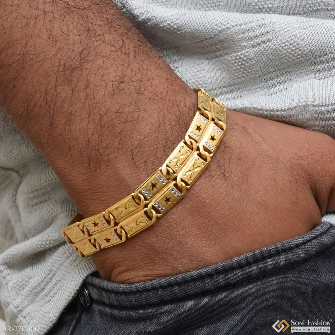 1 Gram Gold Plated 2 Line Star Finely Detailed Design Nawabi Bracelet - Style C009