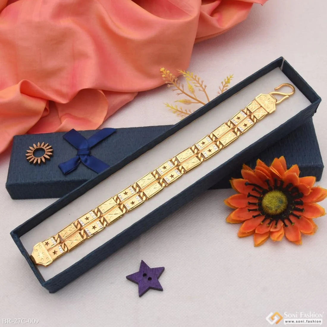 1 Gram Gold Plated 2 Line Star Finely Detailed Design Nawabi Bracelet - Style C009 - Image 3