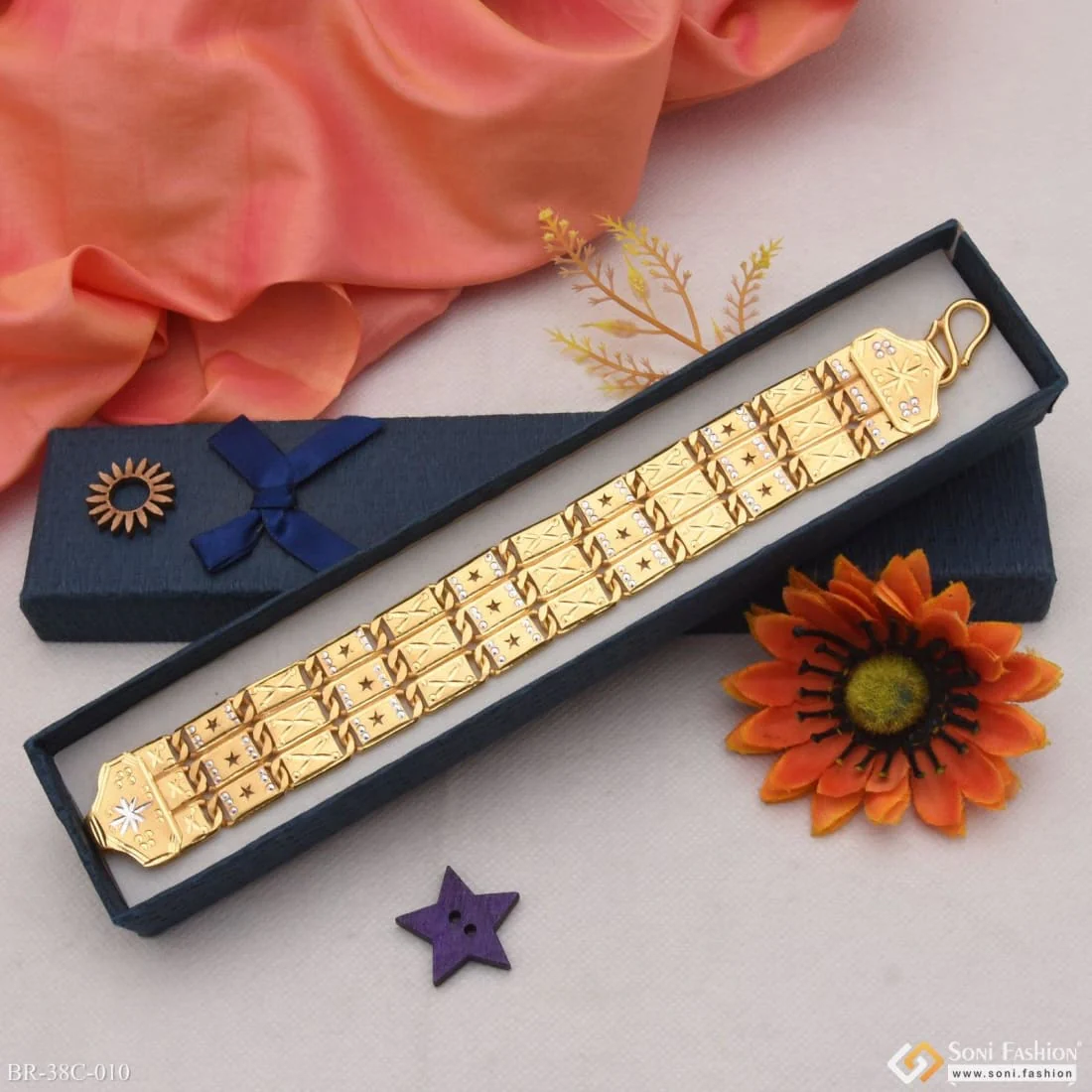 1 Gram Gold Plated 3 Line Star Sophisticated Design Nawabi Bracelet - Style C010 - Image 3