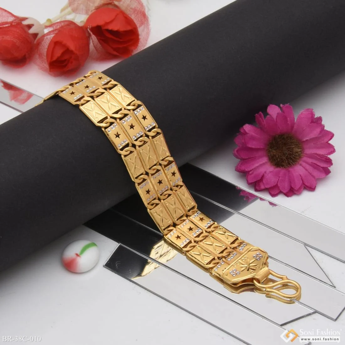 1 Gram Gold Plated 3 Line Star Sophisticated Design Nawabi Bracelet - Style C010 - Image 4