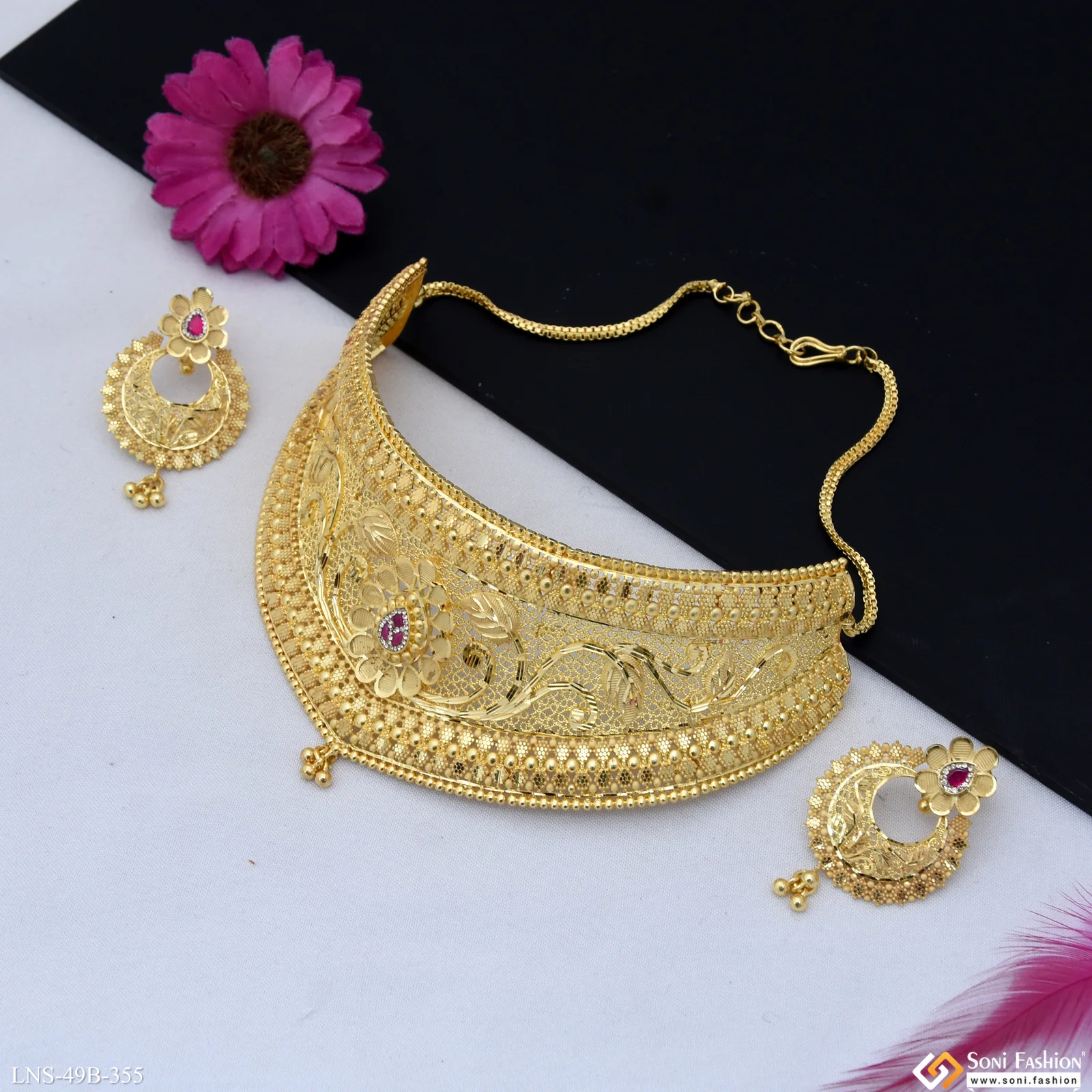 1 Gram Gold Plated Beautiful Design Choker Necklace Set for Women - Style B355 - Image 3