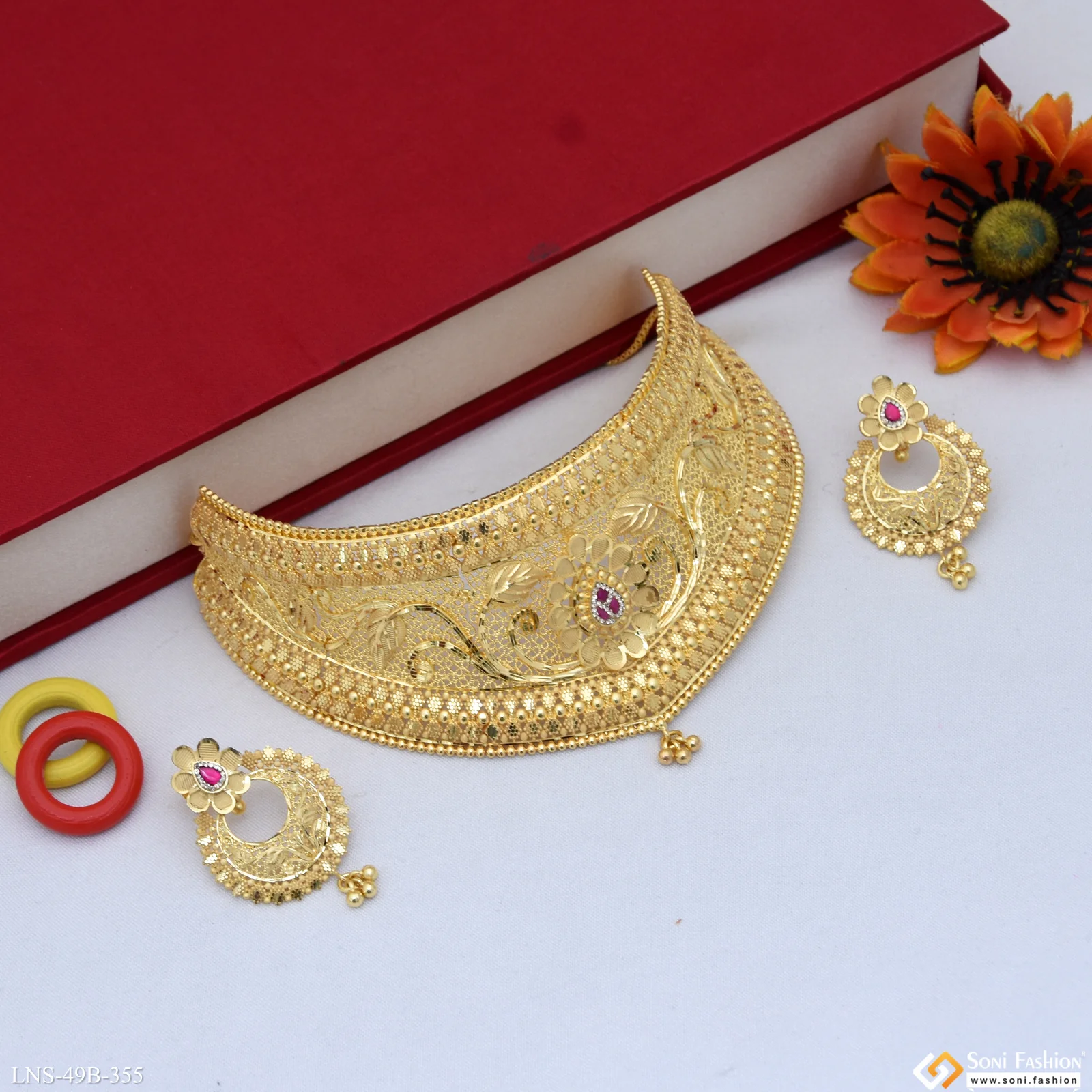 1 Gram Gold Plated Beautiful Design Choker Necklace Set for Women - Style B355 - Image 4