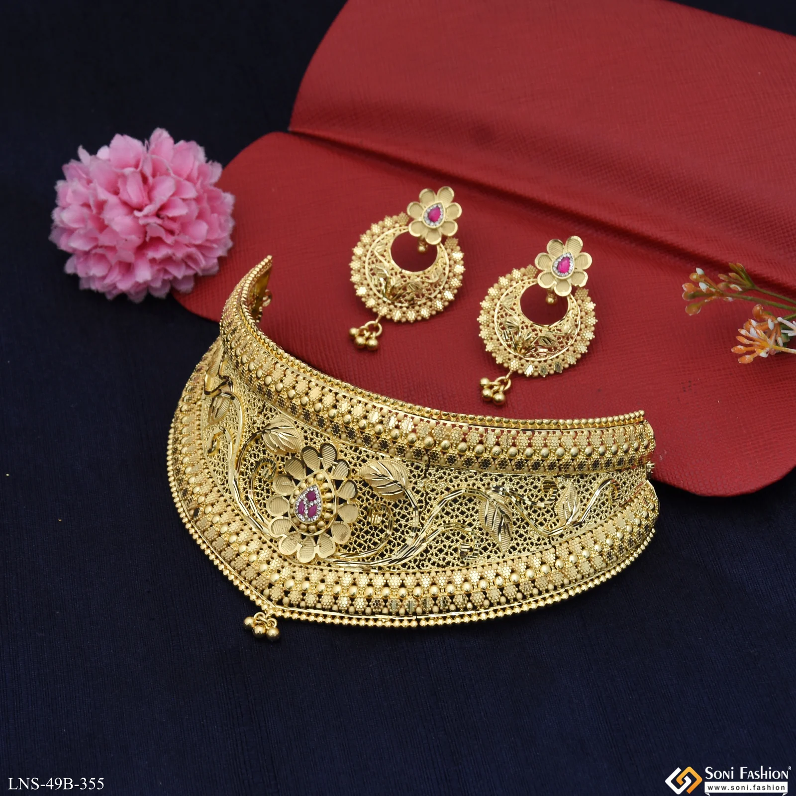 1 Gram Gold Plated Beautiful Design Choker Necklace Set for Women - Style B355 - Image 5