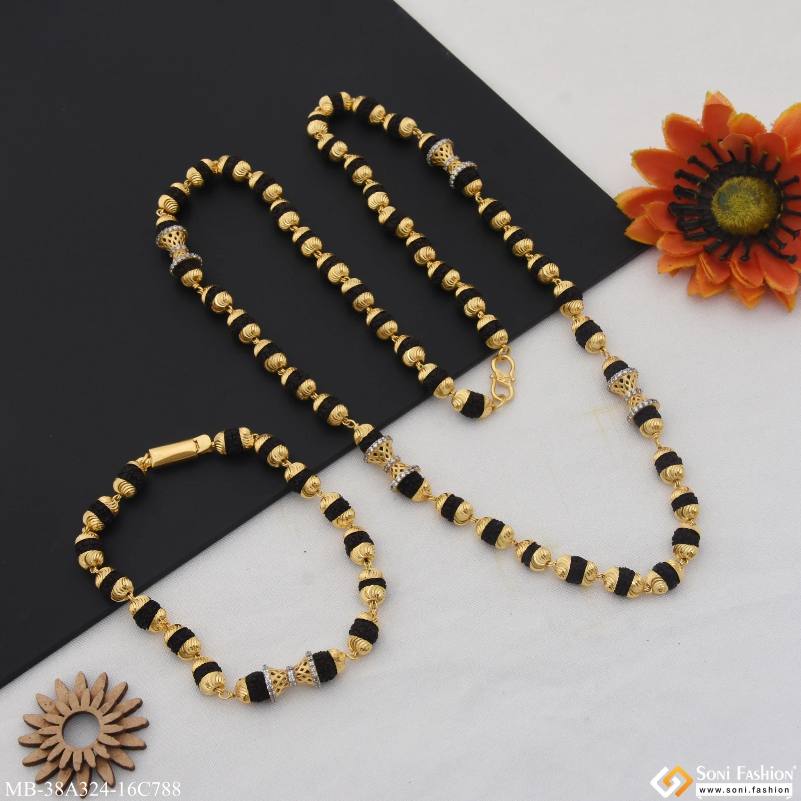 1 Gram Gold Plated Best Quality Rudraksha Mala with Bracelet for Men (MB-A324-C788) - Image 4