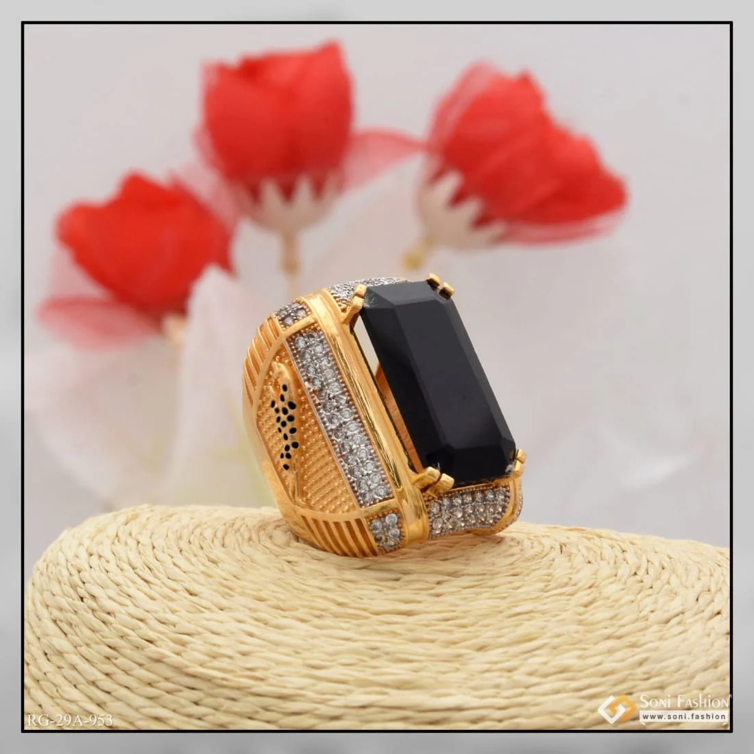 1 Gram Gold Plated Black Colour Jaguar with Diamond Delicate Design Ring - Style A953 - Image 3