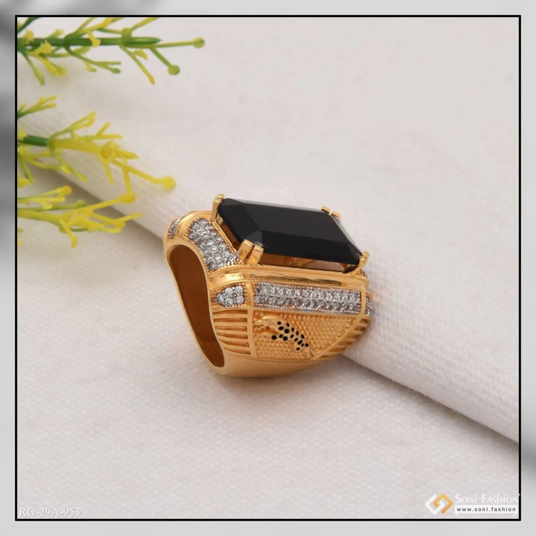 1 Gram Gold Plated Black Colour Jaguar with Diamond Delicate Design Ring - Style A953 - Image 6