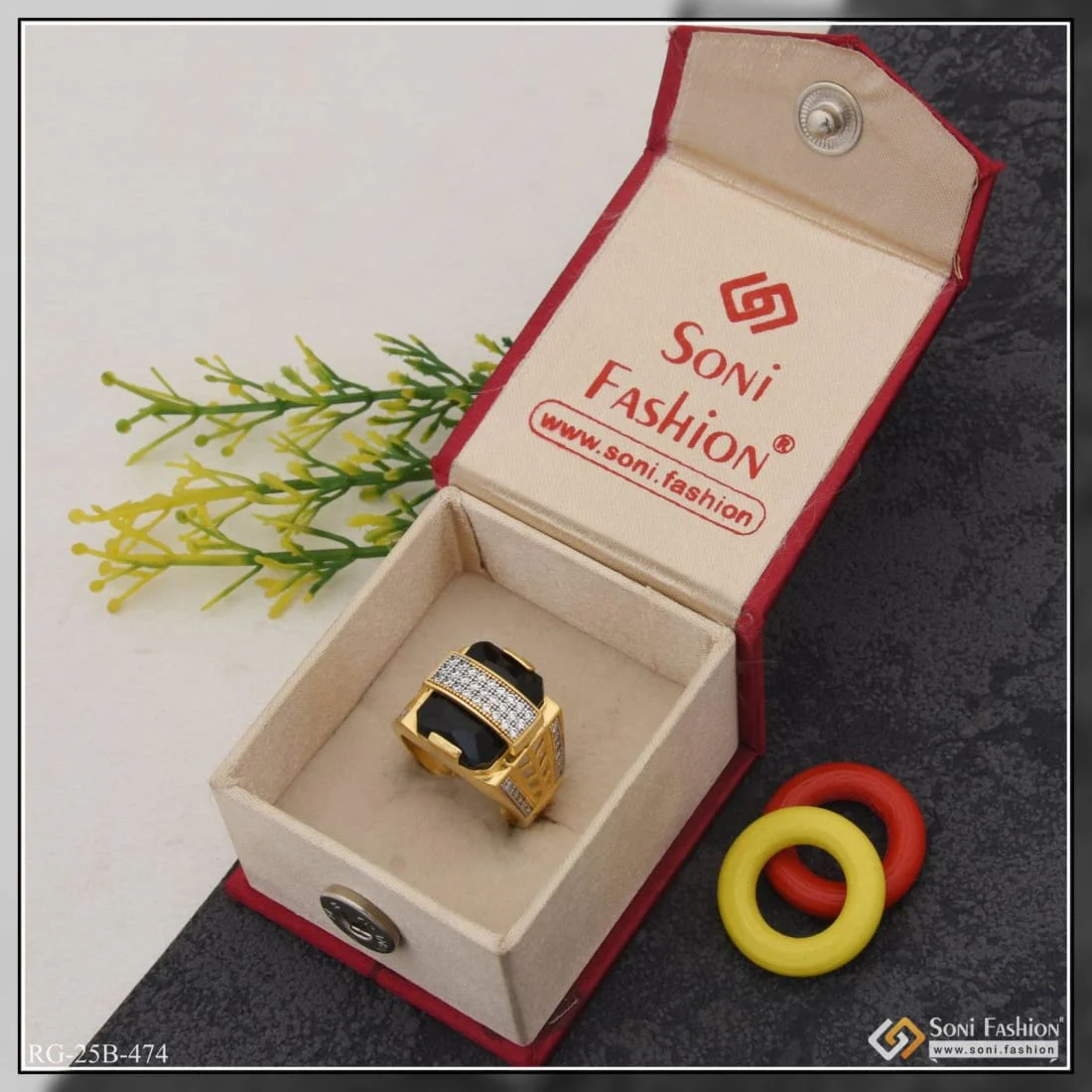 1 Gram Gold Plated Black Stone With Diamond Best Quality Ring For Men - Style B474 - Image 4