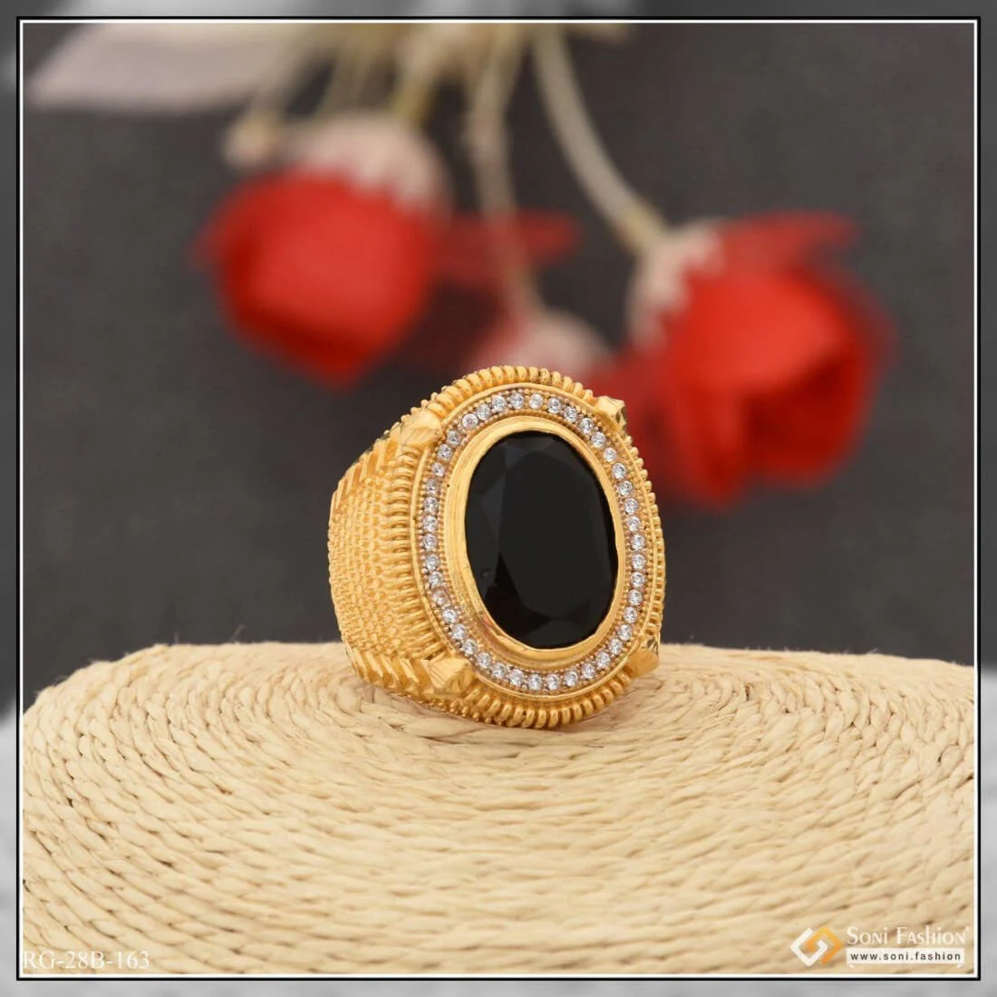 1 Gram Gold Plated Black Stone Etched Design High-quality Ring For Men - Style B163 - Image 3