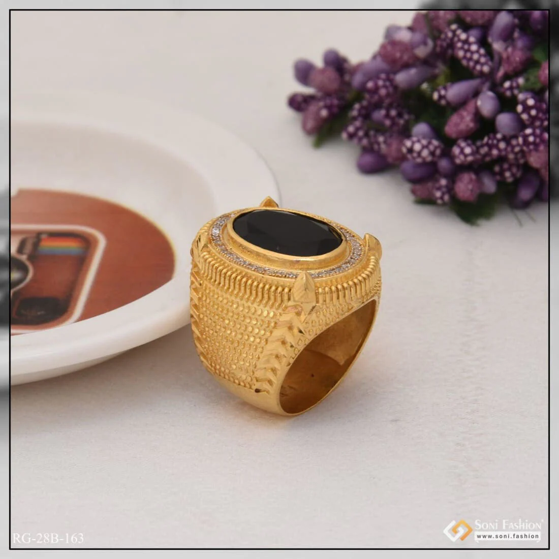 1 Gram Gold Plated Black Stone Etched Design High-quality Ring For Men - Style B163 - Image 4