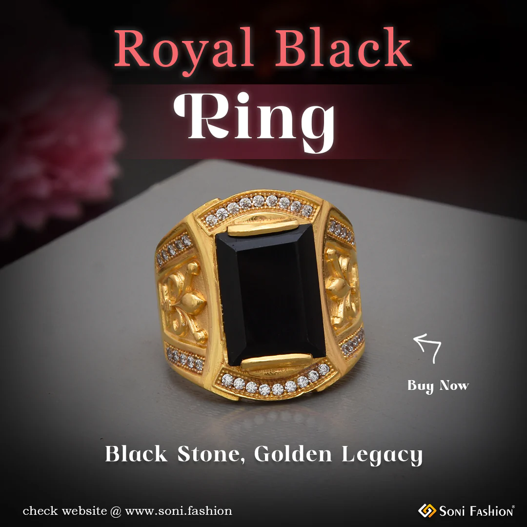 1 Gram Gold Plated Black Stone With Diamond Antique Design Ring - Style A787