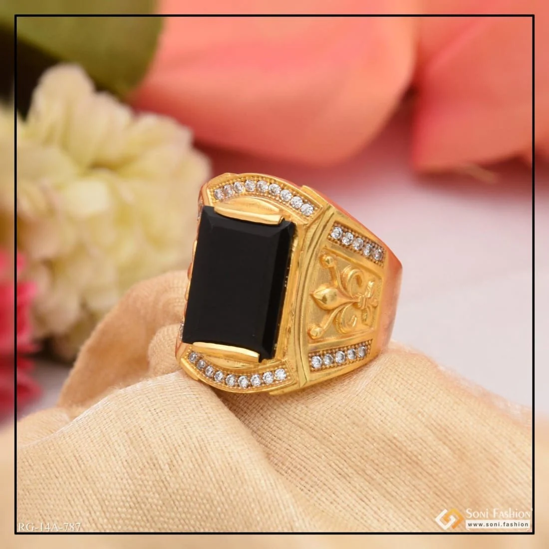 1 Gram Gold Plated Black Stone With Diamond Antique Design Ring - Style A787 - Image 3