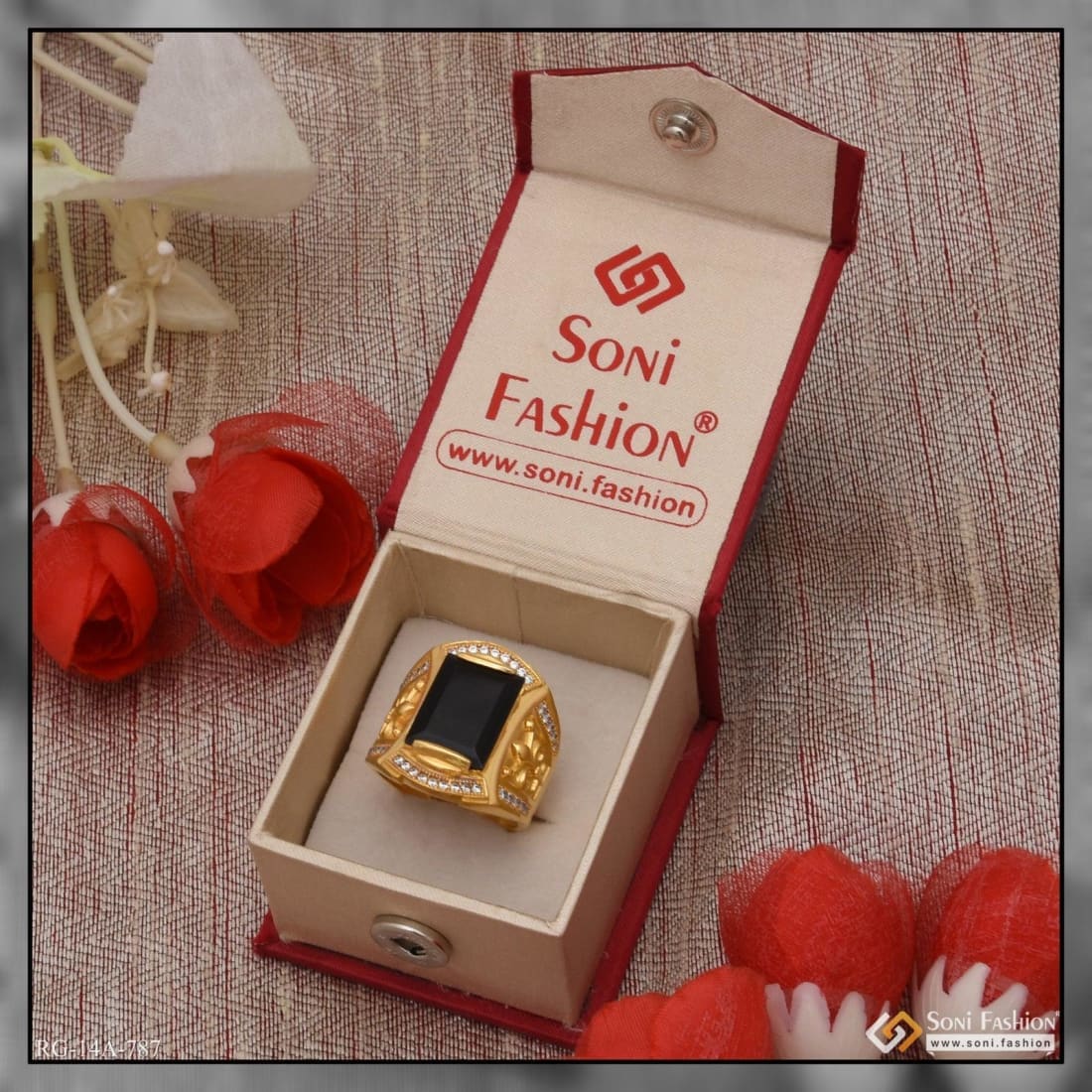 1 Gram Gold Plated Black Stone With Diamond Antique Design Ring - Style A787 - Image 4