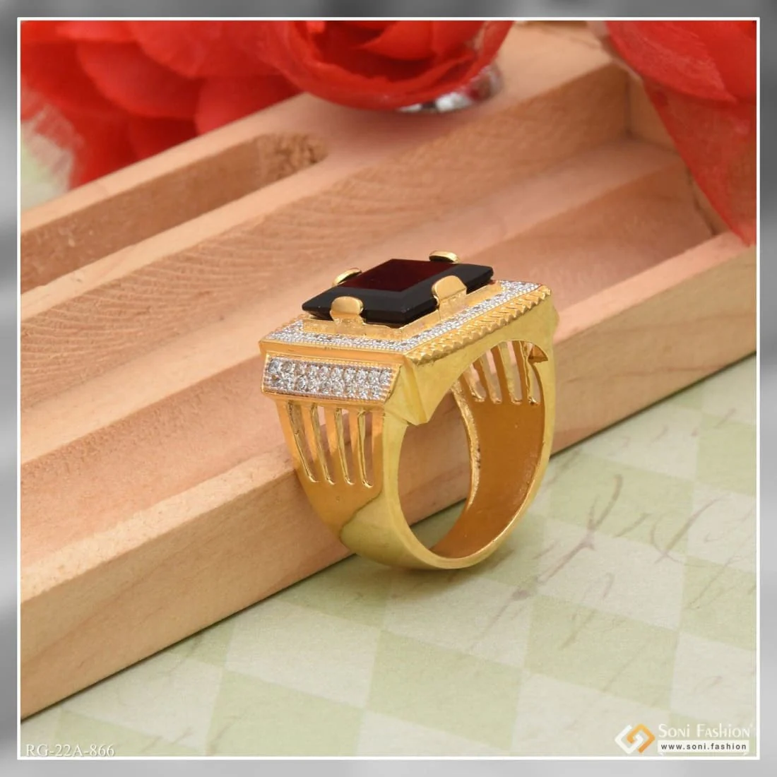 1 Gram Gold Plated Black Stone With Diamond Antique Design Ring - Style A866 - Image 5