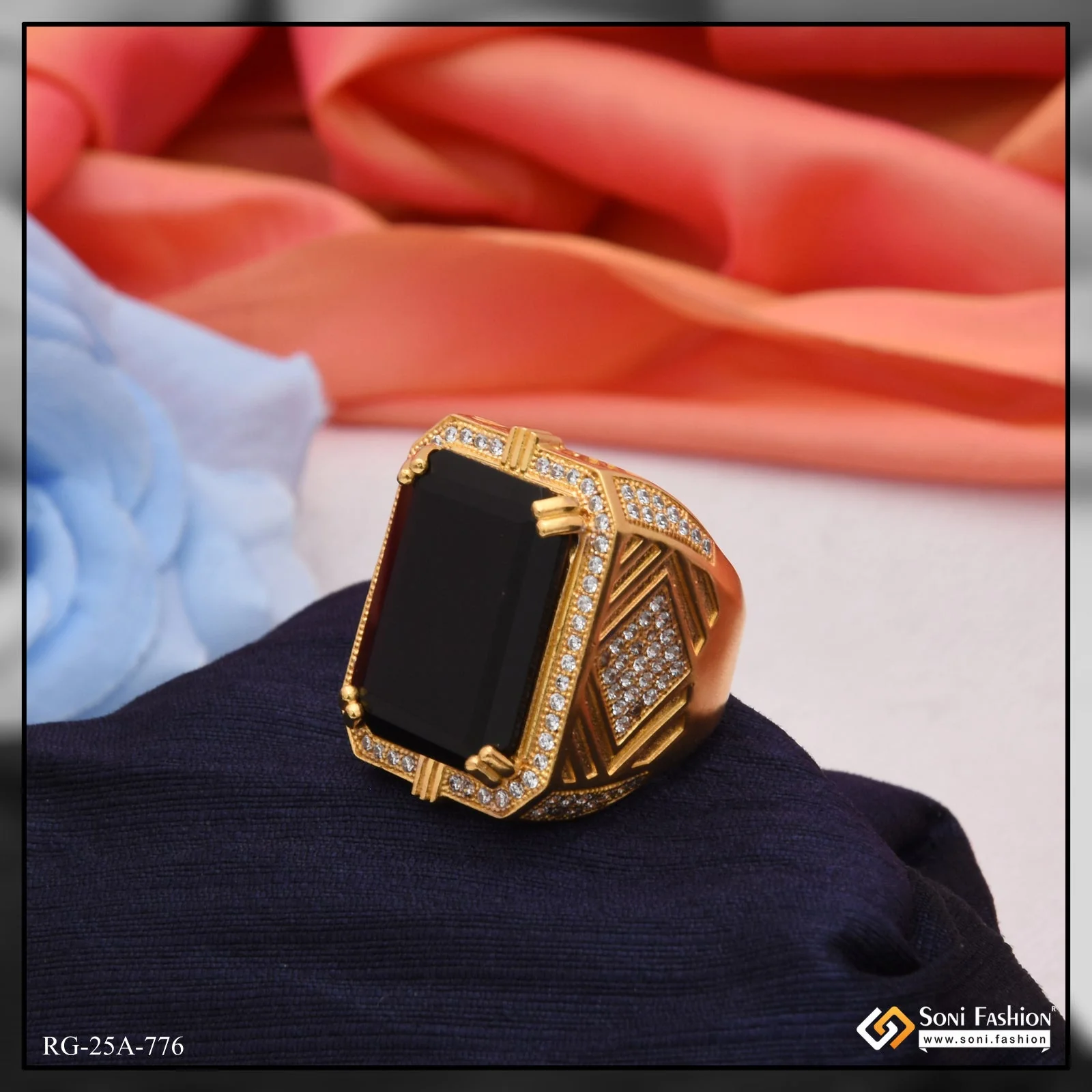 1 Gram Gold Plated Black Stone with Diamond Best Quality Ring for Men - Style A776 - Image 4