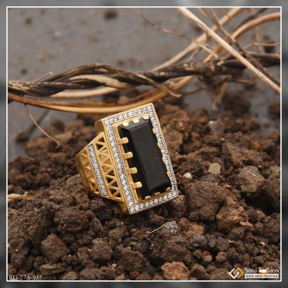 1 Gram Gold Plated Black Stone with Diamond Best Quality Ring for Men - Style A935 - Image 2