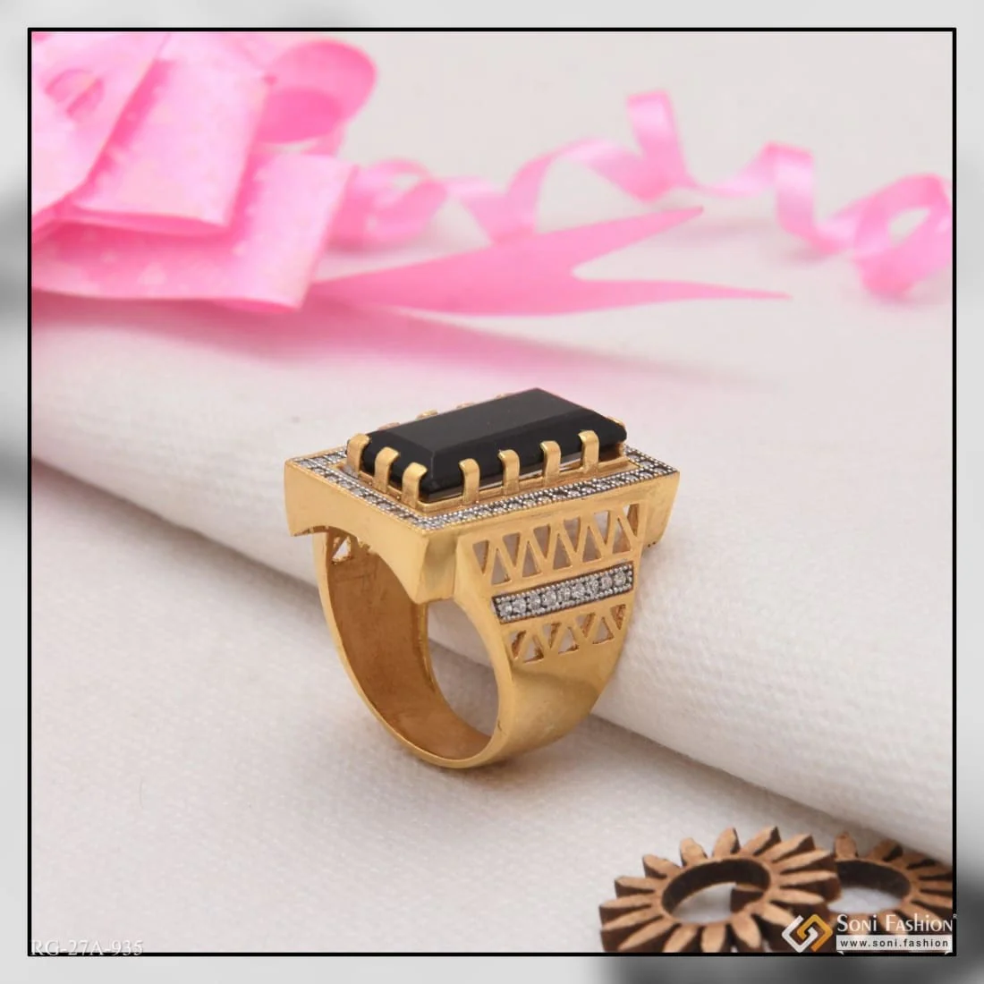 1 Gram Gold Plated Black Stone with Diamond Best Quality Ring for Men - Style A935 - Image 3