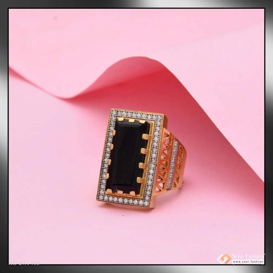 1 Gram Gold Plated Black Stone with Diamond Best Quality Ring for Men - Style A935 - Image 5