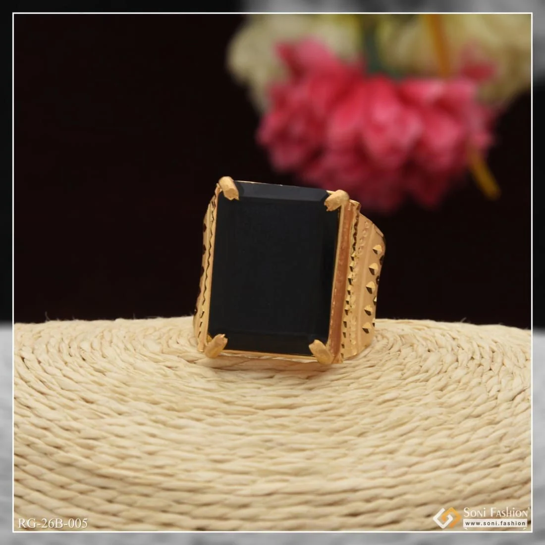 1 Gram Gold Plated Black Stone with Diamond Best Quality Ring for Men - Style B005 - Image 4