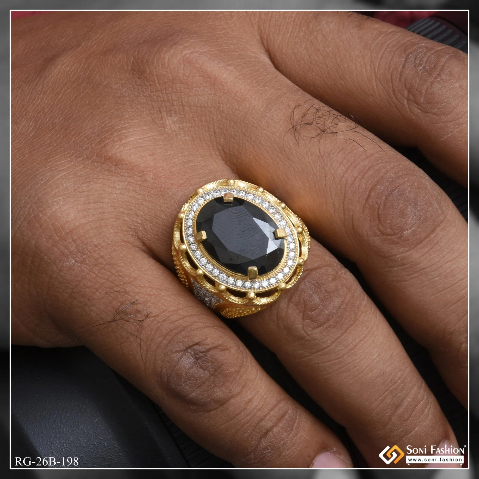 1 Gram Gold Plated Black Stone with Diamond Best Quality Ring for Men - Style B198 - Image 2