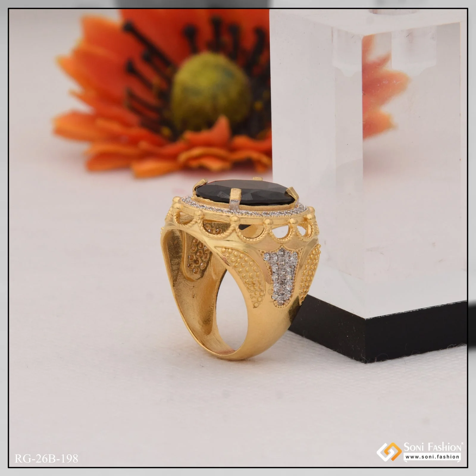 1 Gram Gold Plated Black Stone with Diamond Best Quality Ring for Men - Style B198 - Image 6
