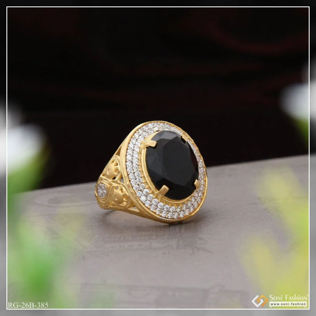 1 Gram Gold Plated Black Stone with Diamond Best Quality Ring for Men - Style B385 - Image 2