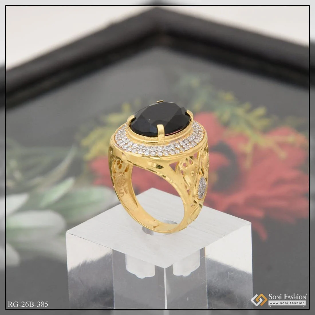 1 Gram Gold Plated Black Stone with Diamond Best Quality Ring for Men - Style B385 - Image 3