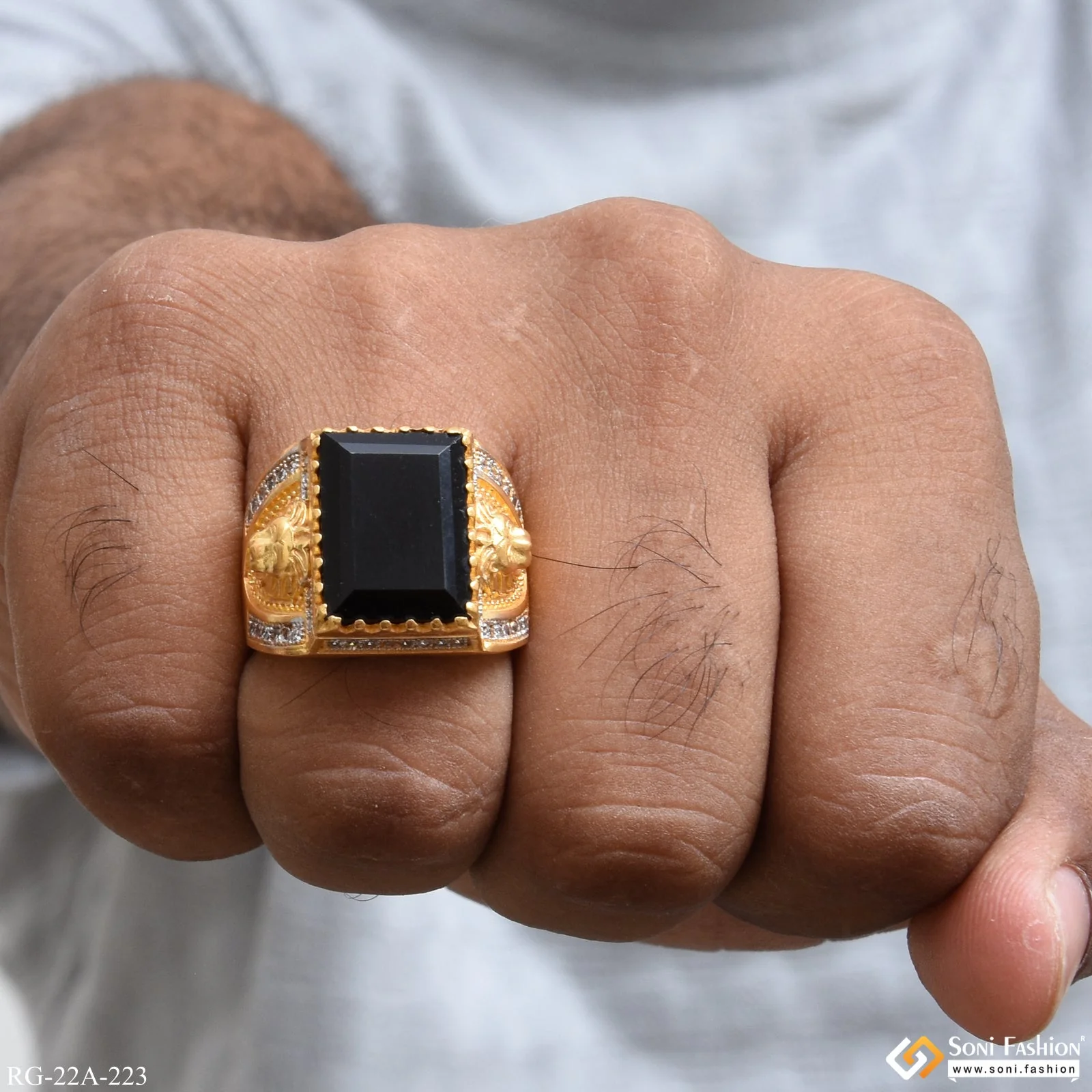 1 Gram Gold Plated Black Stone with Diamond Best Quality Ring - Style A223