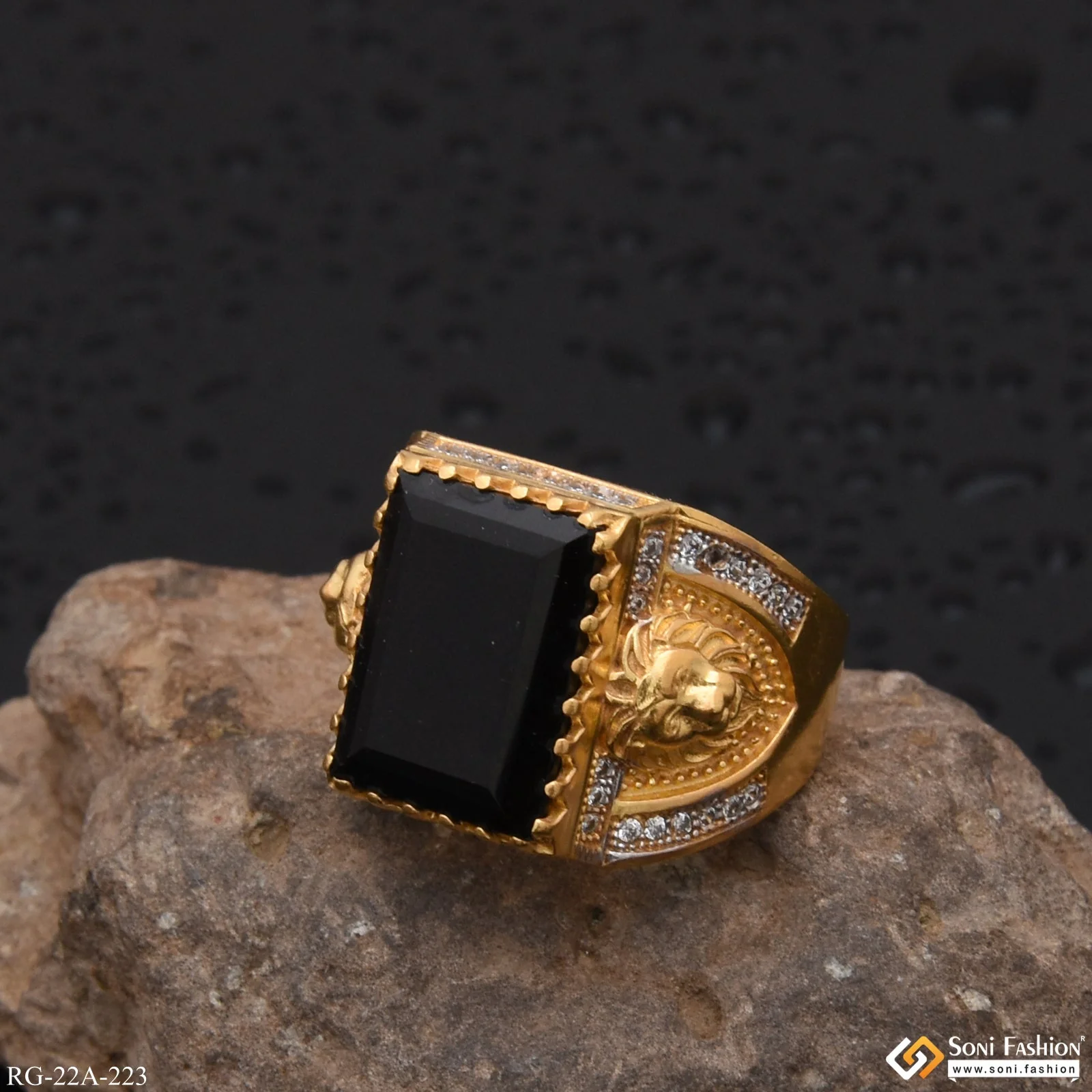 1 Gram Gold Plated Black Stone with Diamond Best Quality Ring - Style A223 - Image 4