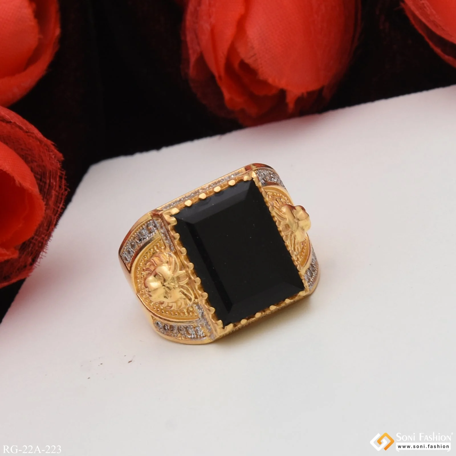 1 Gram Gold Plated Black Stone with Diamond Best Quality Ring - Style A223 - Image 6