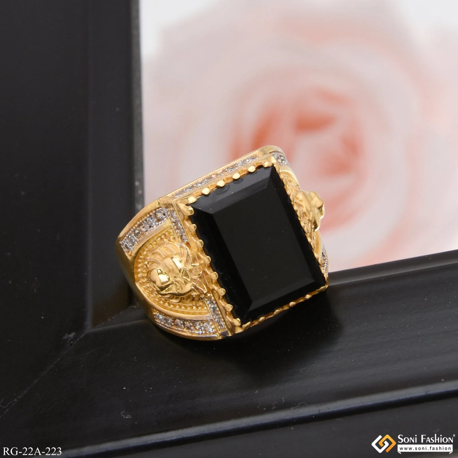 1 Gram Gold Plated Black Stone with Diamond Best Quality Ring - Style A223 - Image 7