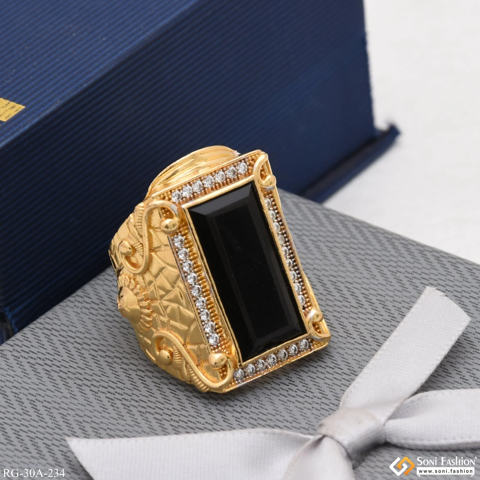 1 Gram Gold Plated Black Stone with Diamond Best Quality Ring - Style A234 - Image 4