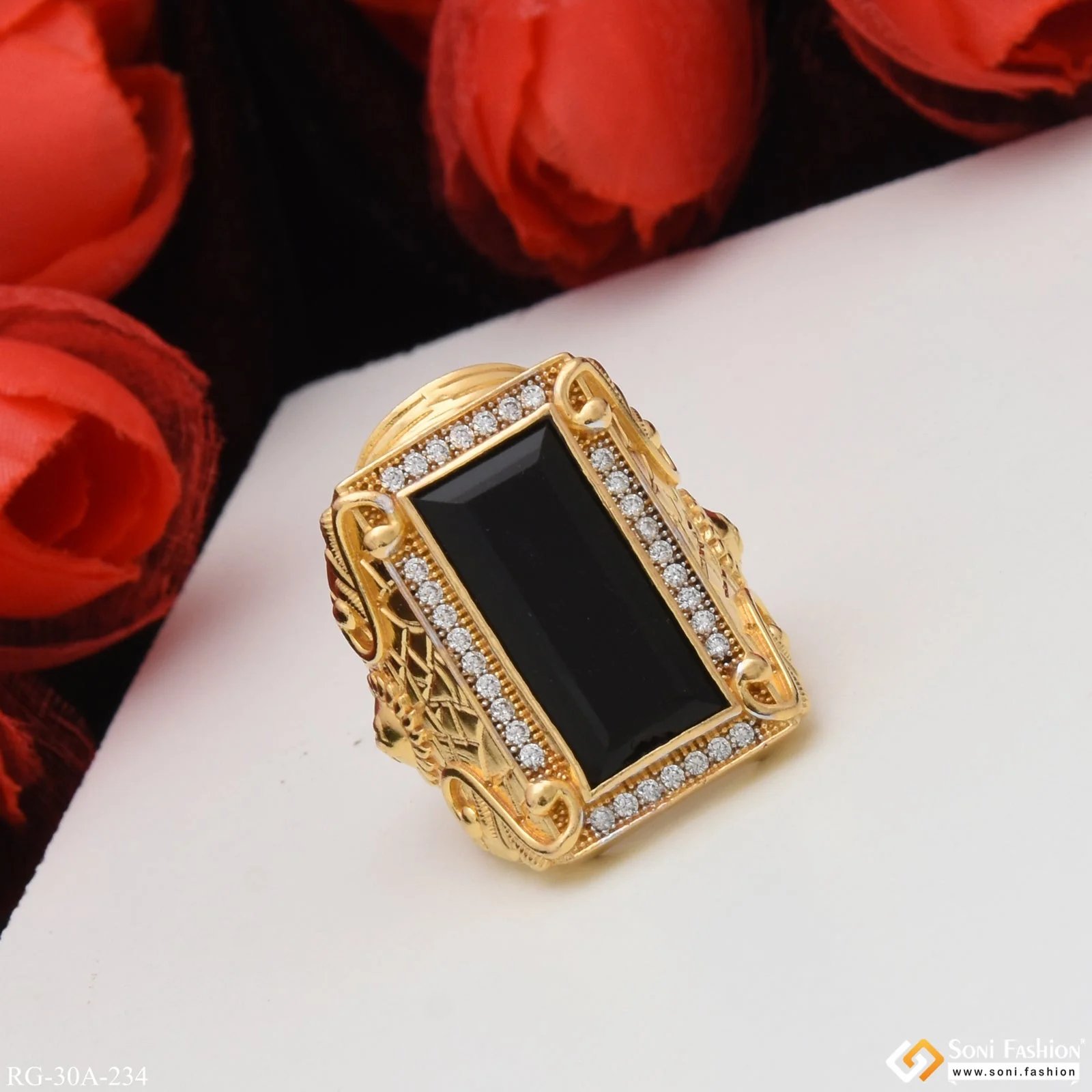 1 Gram Gold Plated Black Stone with Diamond Best Quality Ring - Style A234 - Image 5