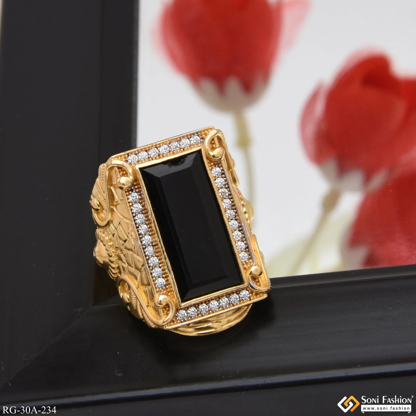 1 Gram Gold Plated Black Stone with Diamond Best Quality Ring - Style A234 - Image 7