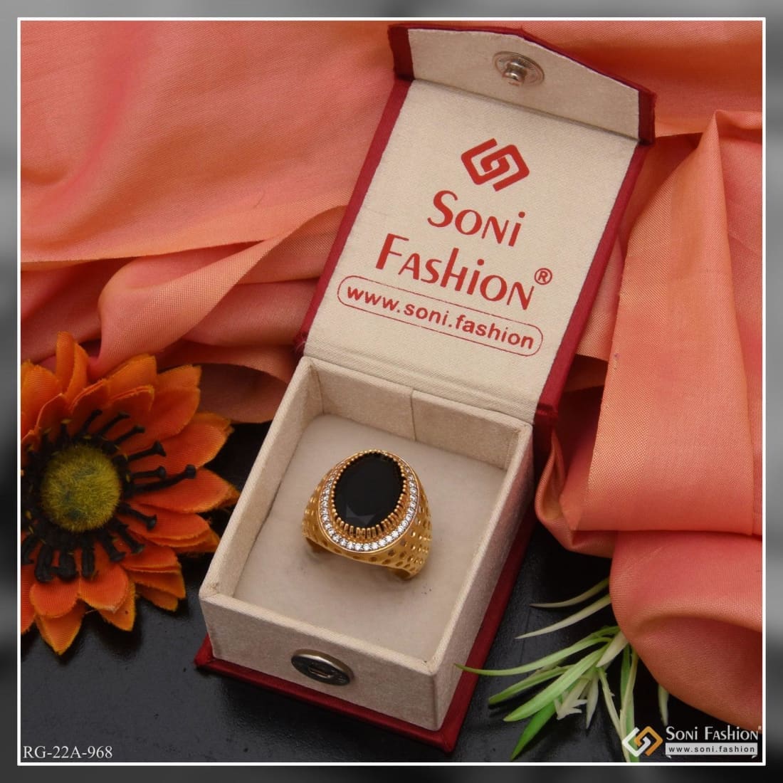 1 Gram Gold Plated  Black Stone With Diamond Best Quality Ring - Style A968 - Image 2