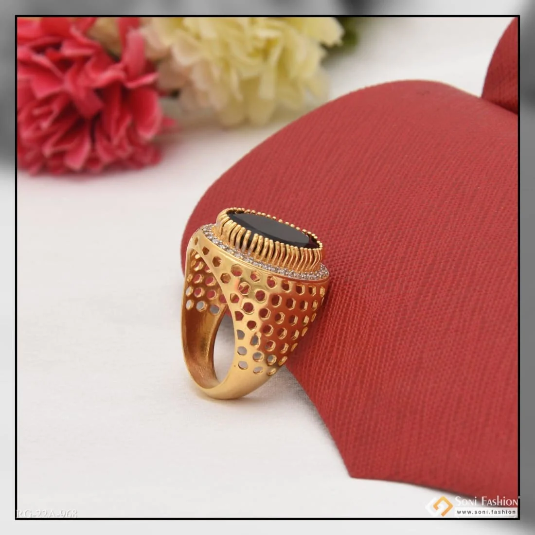 1 Gram Gold Plated  Black Stone With Diamond Best Quality Ring - Style A968 - Image 3