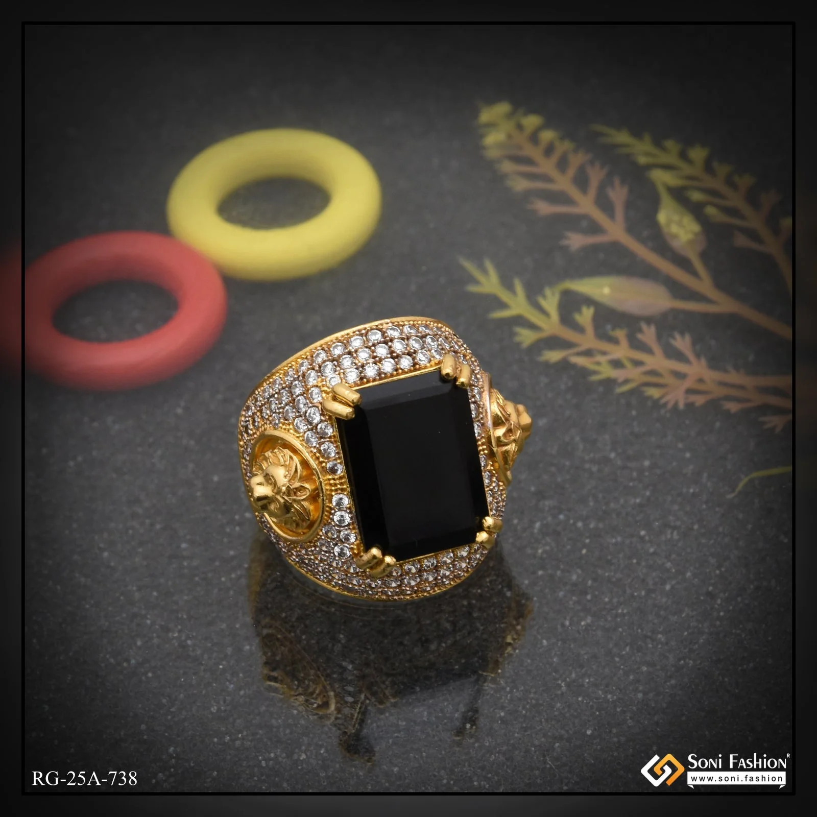 1 Gram Gold Plated Black Stone with Diamond Fashionable Design Ring - Style A738 - Image 2