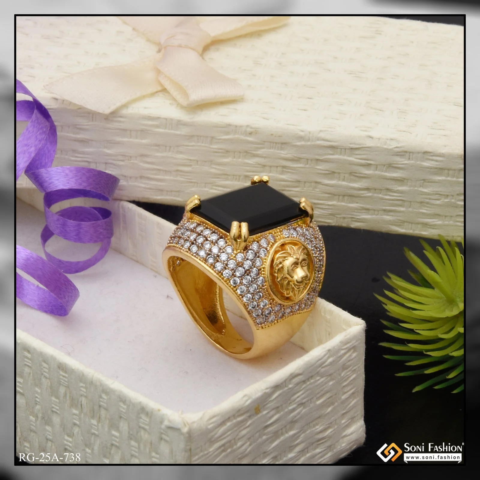 1 Gram Gold Plated Black Stone with Diamond Fashionable Design Ring - Style A738 - Image 3