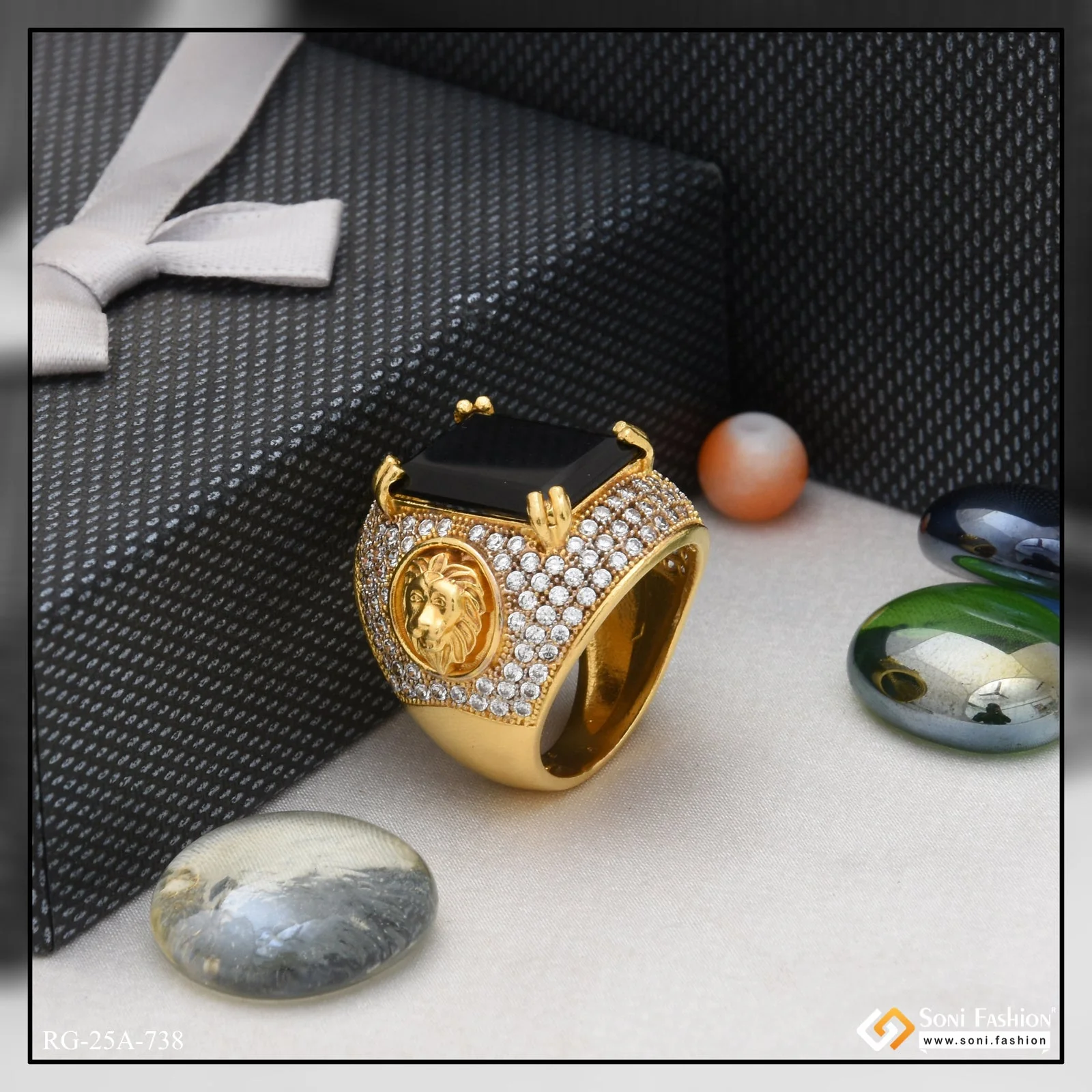 1 Gram Gold Plated Black Stone with Diamond Fashionable Design Ring - Style A738 - Image 4