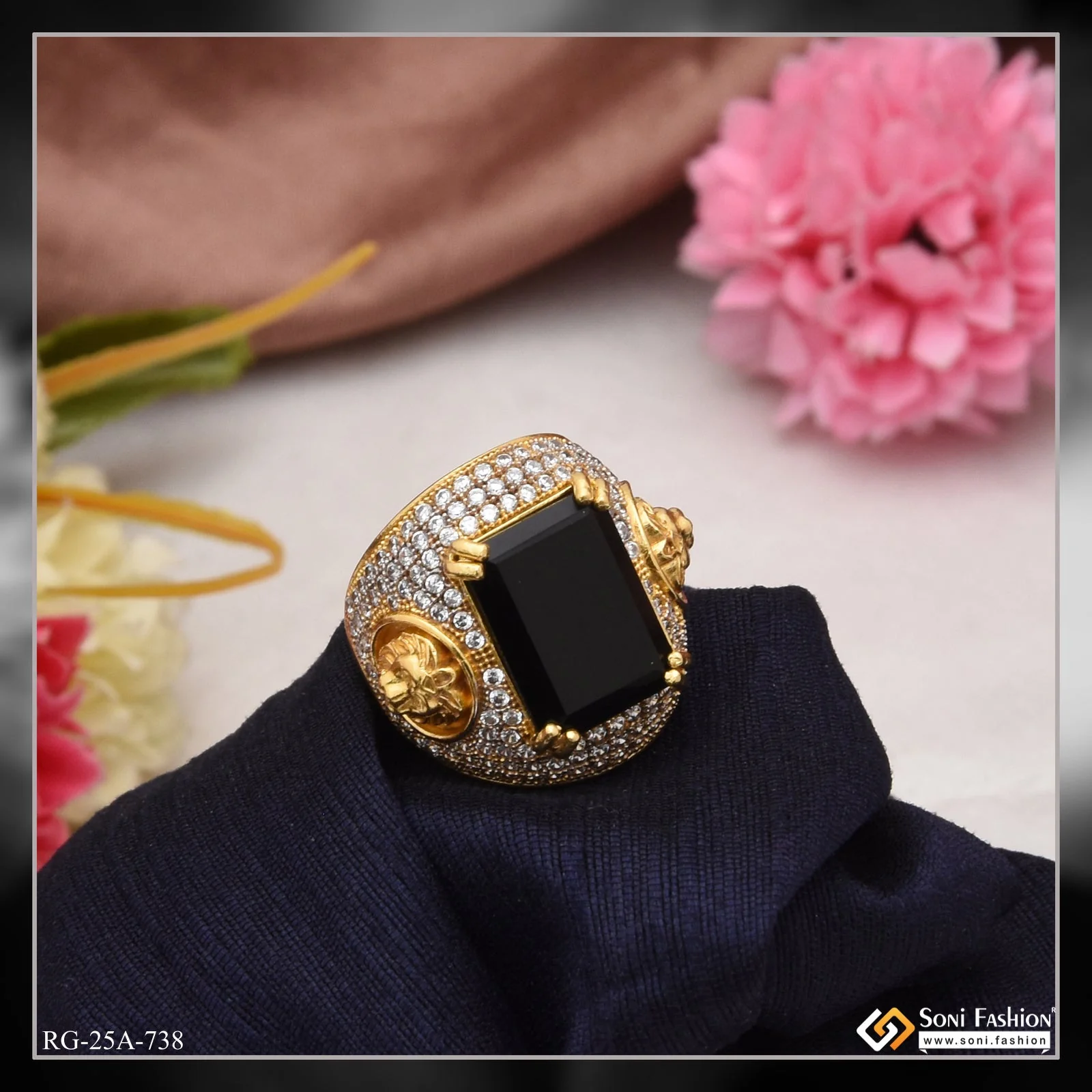 1 Gram Gold Plated Black Stone with Diamond Fashionable Design Ring - Style A738 - Image 5