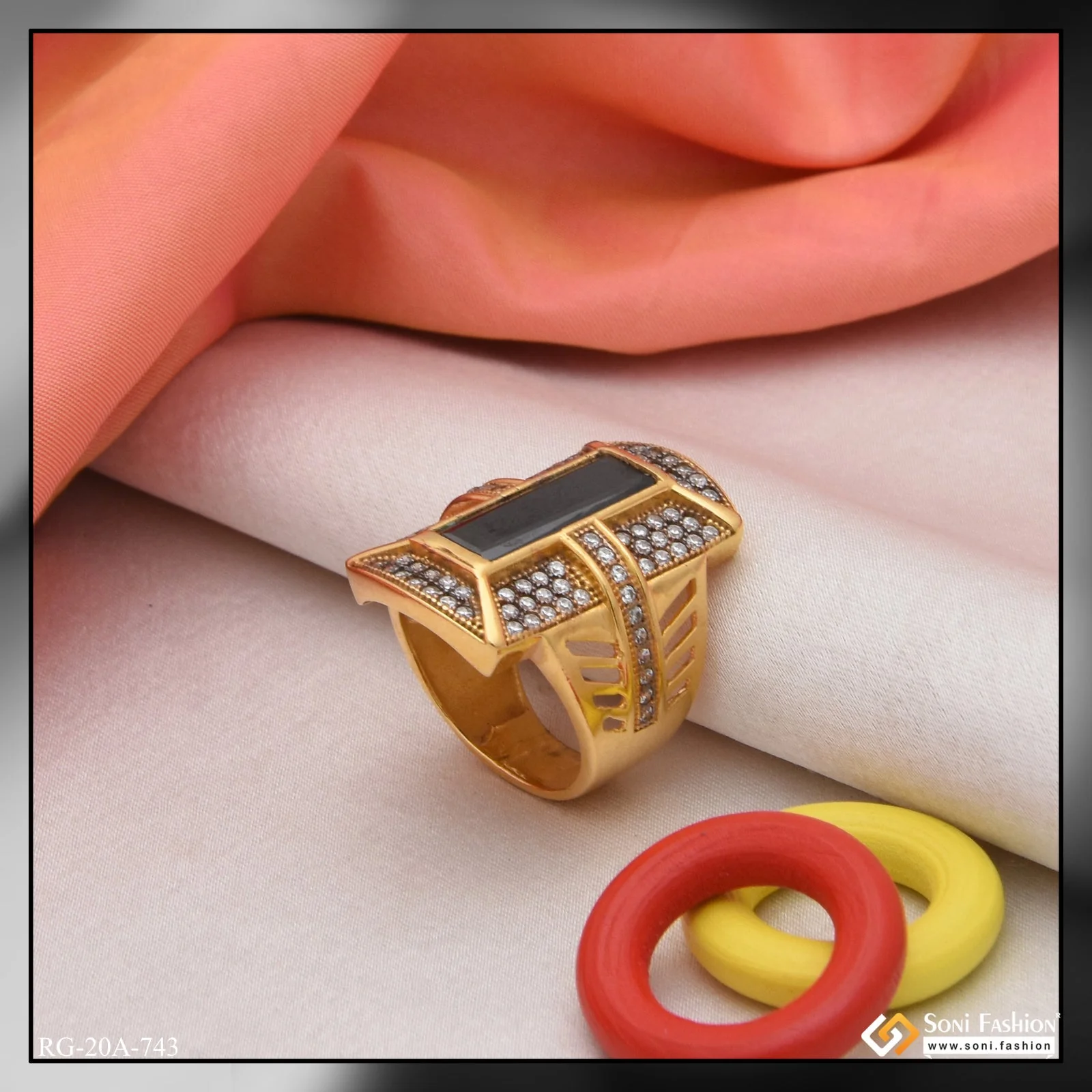 1 Gram Gold Plated Black Stone With Diamond Fashionable Design Ring - Style A743 - Image 3