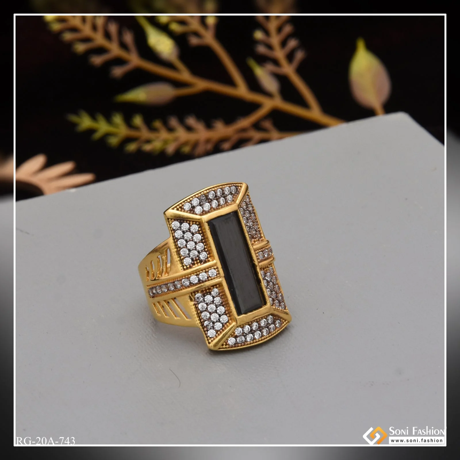 1 Gram Gold Plated Black Stone With Diamond Fashionable Design Ring - Style A743 - Image 4