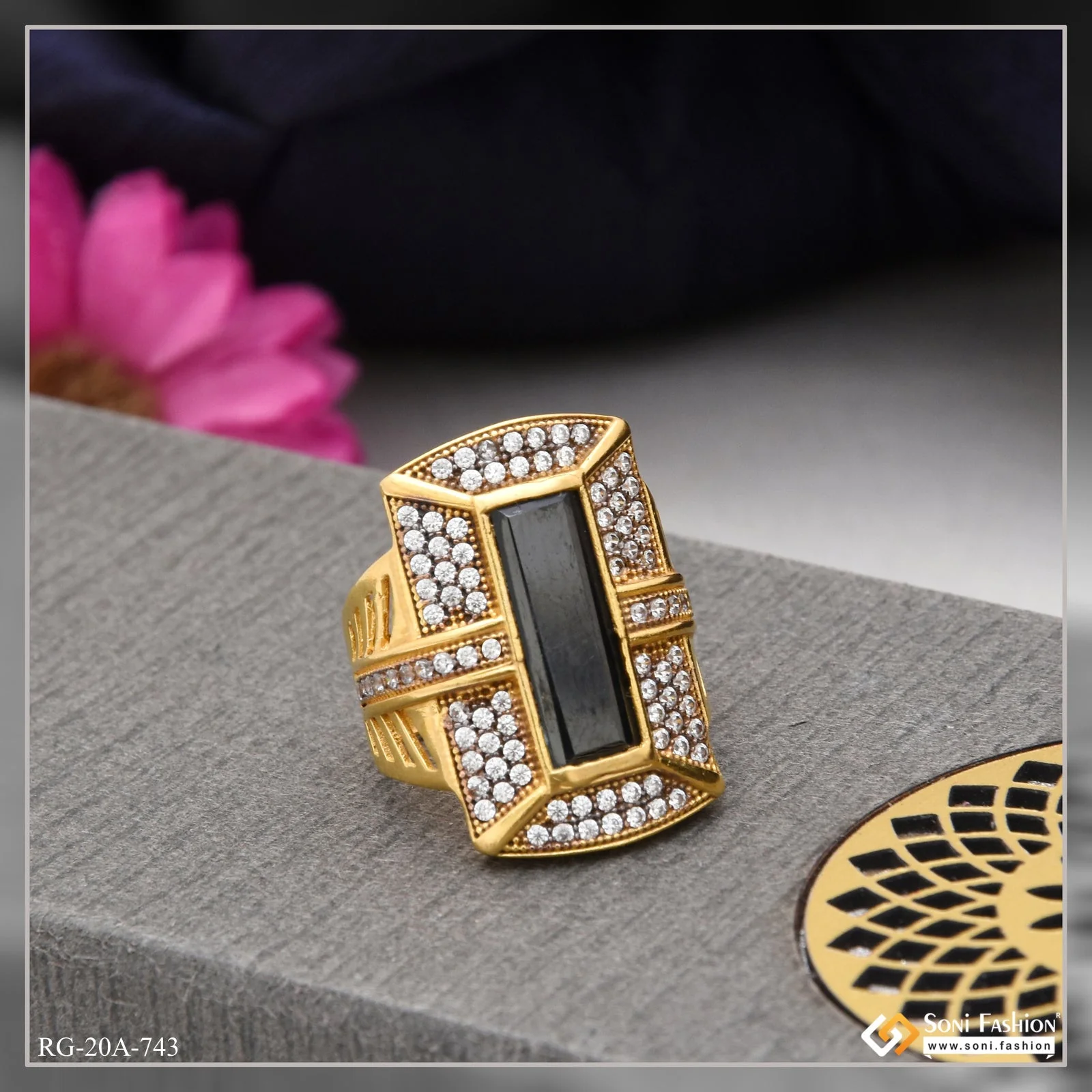 1 Gram Gold Plated Black Stone With Diamond Fashionable Design Ring - Style A743 - Image 5